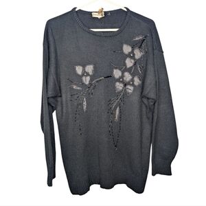 Vintage Sweater Medium black Floral Embroidered Beaded Pullover
